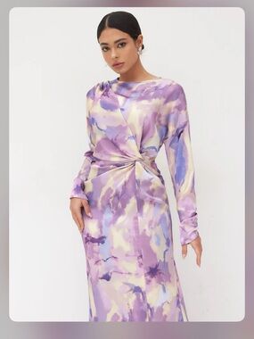 Hijab SATIN ROUND NECKLINE ILLUSION PRINT TWIST MAXI DRESS Variety of sizes WC7